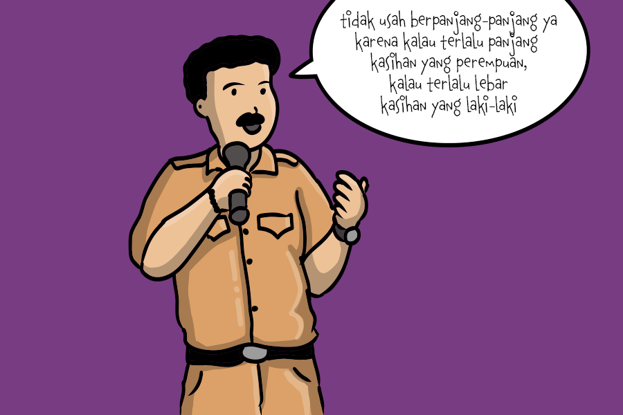 Gambar ilustrasi: Seorang laki-laki berkata, "Tidak usah berpanjang-panjang ya, karena kalau terlalu panjang kasihan yang perempuan kalau terlalu lebar kasihan laki-laki"