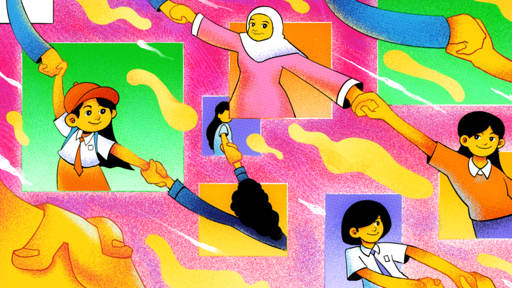 Gambar ilustrasi: Orang-orang yang terdiri dari anak-anak berseragam SD, SMA, remaja, hingga orang tua, saling berpegangan tangan.