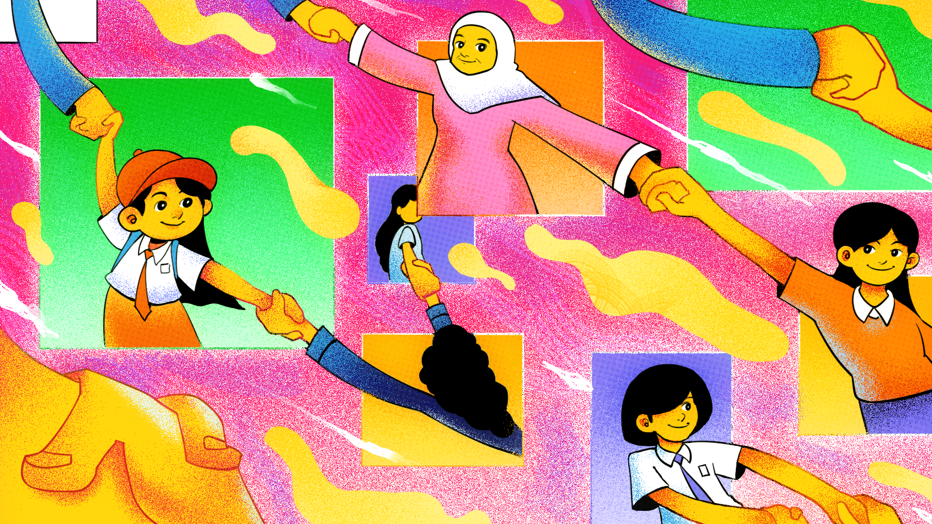 Gambar ilustrasi: Orang-orang yang terdiri dari anak-anak berseragam SD, SMA, remaja, hingga orang tua, saling berpegangan tangan.