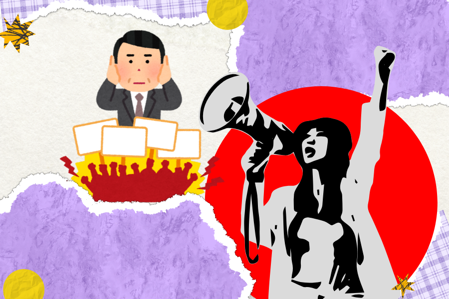 Power vs People. Gambar ini mengilustrasikan seorang pejabat yang tidak mendengarkan protes masyarakat.